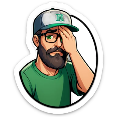 A man with a grey baseball cap, green eyes, big dark brown beard and glasses, facepalm sticker