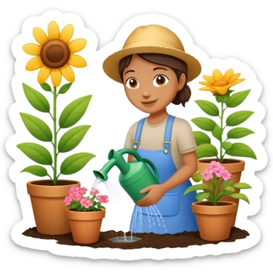 person watering flowers in a garden, happy and caring sticker