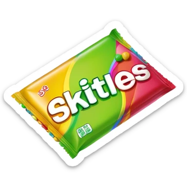 Minimalist flat design of a Skittles package. Rainbow colored simple rectangular package with just a few green round candies. Clean lines and minimal details. sticker
