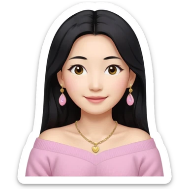 South Korean girl in her mid-thirties with long black hair and a middle part. She is wearing a baby pink, off the shoulder long sleeve knit sweater. She has small gold earrings and a gold necklace. She has brown eyes with narrow, mono lid shape and smiling with lips together sticker