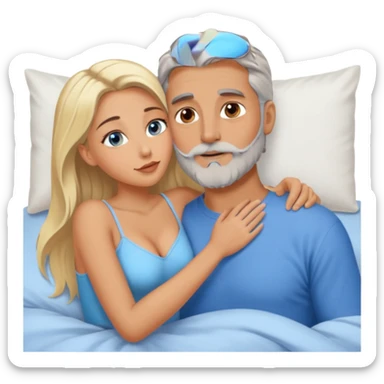 Cuddling Man with hazel eyes and gray beard kissing sexy  blonde blue-eyed  woman in bed sticker