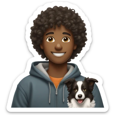 A happy curly-haired boy in a sweatshirt holds a border collie sticker