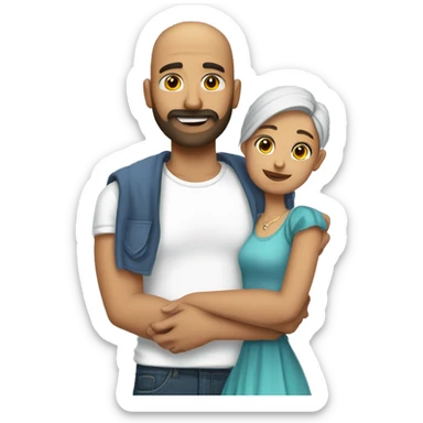 Indian Beard guy with bald head in a tshirt and jeans hand hugging  girl with with a dress  sticker