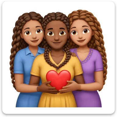A throuple, with one tall large brown skinned black man with a low cut, a brown skinned large woman with long hair, and a brown skinned woman with braids, embracing each other, heart emoji sticker