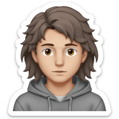 18 year old boy siren eyes good jawline with grey hoodie and long brown wavy wolf cut hair sticker