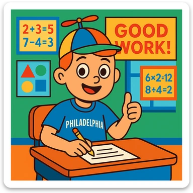 A boy named Little Johnny, propellor hat, Philadelphia sports shirt, in a classroom with math posters, demonstrating good work habits, colorful and friendly, positive and studious atmosphere sticker