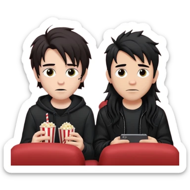 pale Goth boy with a bunch of face piercings, with shaggy dark brown hair, next to a tan skin gamer boy with long black hair , they are watching a movie in the theater together  sticker