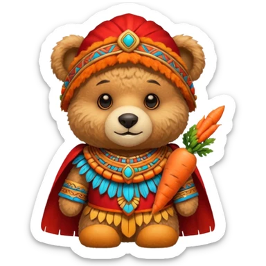 teddy bear Upper, wearing red mayan ancient custome, with carrot half body sticker