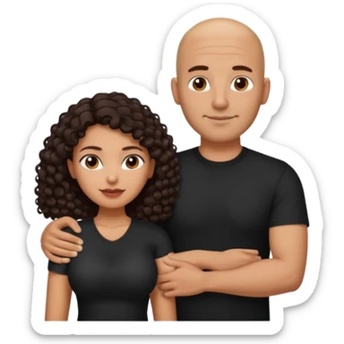 A picture of a tanned couple with the man's arm around her. the man is a Mexican man with tanned skin, a bald hair cut, short beard and wearing a black shirt. the woman is mixed, with long curly dark brown hair and with big boobs  sticker