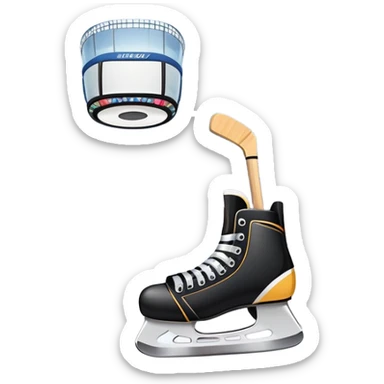 Please, make An icon featuring The background shows a packed stadium with cheering fans, bright arena lights, and an icy rink and close-up shots of key hockey equipment: a hockey stick, puck, and skates. Transparent background highlights the essentials of the game and the thrill of the sport. sticker