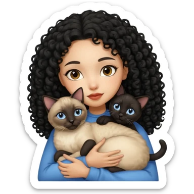 Lightskin girl with black curly hair cuddling with siamese cat sticker