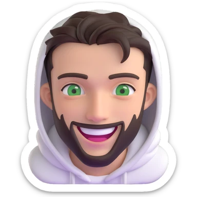 laughing guy with white hoodie, green eyes, dark brown undercut hairstyle and a short full beard sticker