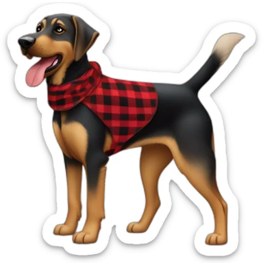 75% Coonhound 25% German Shepherd mix dog wearing small pointed red buffalo plaid bandana pointing down side view full body facing left sticker