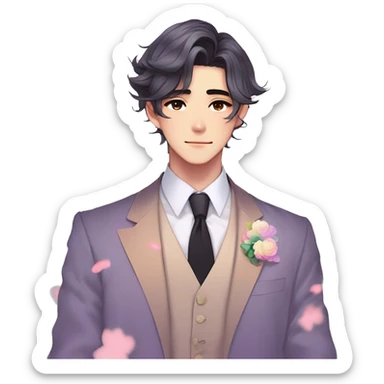 Gorgeous romantic sexy anime style Asian formal modern gentlemanly guy with pretty hair and flower petals and blushing face aesthetic trending style with colorful gradient colors  pastelcore cottagecore kawaiicore sticker