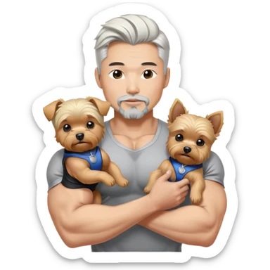  Holding silver blonde yorkie Korean Asian handsome man with black pointy hair full goatee and body builder biceps sticker