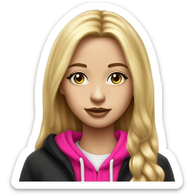 Pretty girl with long eyelashes and blonde long hair girl wearing a black hoodie with hot pink logo on the front drawing hypperrealistic  sticker