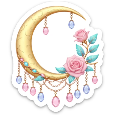 Rosy shiny glossy sparkly romantic pastel crescent damask moon with rose quartz pastel vines pastel gems pastel beads with feathers and chains  sticker