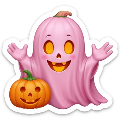 pastel pink ghost with orange pumpkin kawaii style sticker