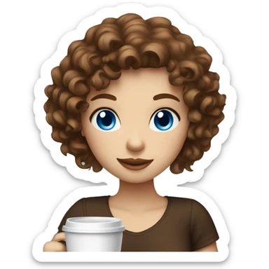 girl with fair skin brown curly hair and blue eyes drinking a coffee sticker