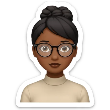 A woman with dark skin, black hair in a neat bun, black glasses, and an oval face with soft features. sticker
