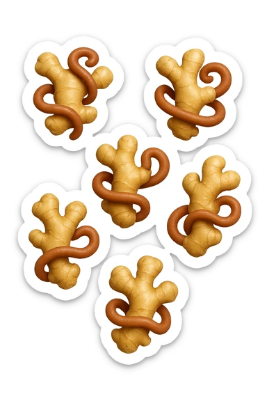 emoji stile iphone 3d di 6 piccoli pezzi di zenzero che fluttuano in aria con pezzi di colon arrotolati intorno, iperrealistico 4k sticker