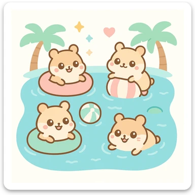adorable hamsters swimming and playing in a pool, surrounded by palm trees and pool toys, cheerful and lively scene sticker