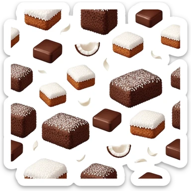 cinematic-realistic-lamingtons-dessert-emoji,-depicted-as-soft-sponge-squares-coated-in-chocolate-on all sides with coconut sprinkled on all side-rendered-with-mouth‚watering-detail-and-vibrant-lighting sticker