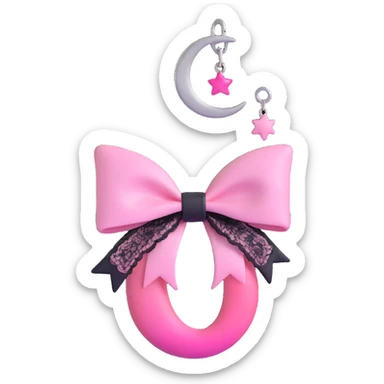 3D emoji style pink bow with gothic effect, ombre pink to black, silver crescent moon charm, and lace details sticker