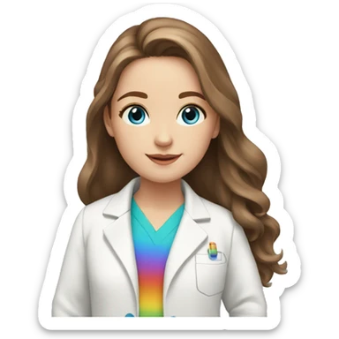 White young girl with long brown hair and blue eyes wearing a rainbow pharmacist coat sticker