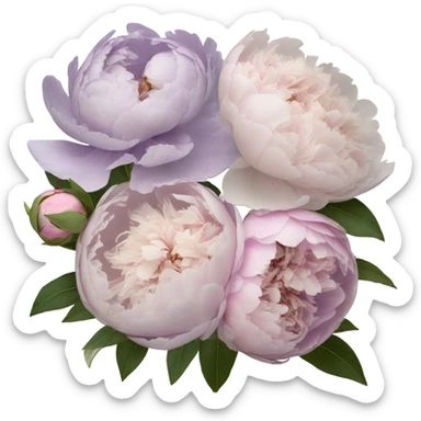 A vintage-inspired bouquet of pale violet and blush peonies resting on a lace-covered violet book. sticker