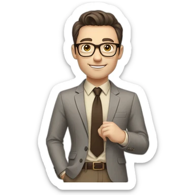 Pale skinned fit man with dark brown hair in gray jacket, beige office shirt, brown tie, brown pants and vintage glasses Writing on the flipchart sticker
