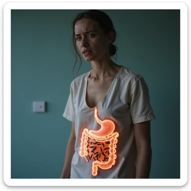 hyperrealistic 4K image of a woman with intestinal parasitosis, very pale face, sunken eyes, abdominal pain expression, clinical environment, translucent anatomical section of the abdomen showing numerous parasites in the intestine sticker