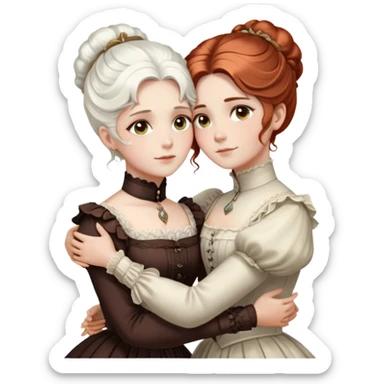 Two Victorian women embracing in a close hug, one with bright white coiffed hair and one with dark copper coiffed hair, both with light eyes, wearing Victorian high-neck dresses sticker
