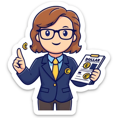 Professional economics channel mascot with shoulder-length wavy light brown hair, rectangular glasses, navy blazer, light blue shirt, holding clipboard with chart, pointing at dollar and euro symbols sticker