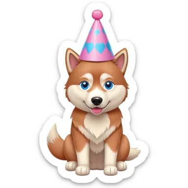 red siberian husky with blue eyes, sitting, wearing a pink party hat sticker