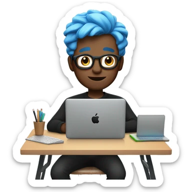 memoji of a man with a laptop in front, apple-style, modern, blue hair, black sweater, computer in hand, sites on a desk sticker