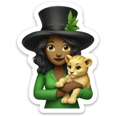 Green woman with pointy black hat holding a baby lion cub sticker