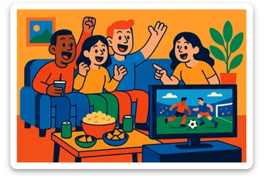 group of friends watching a football match on TV with snacks and drinks around sticker