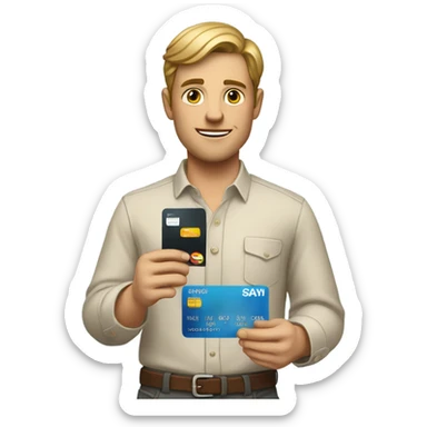 white guy in business casual look showing a credit card  sticker