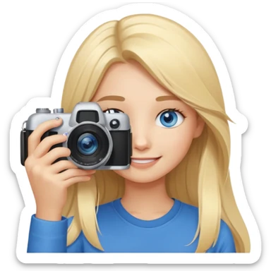  blue eyes blonde girl photographer cartoon taking picture in middle of taking picture camera in front of face long hair smiling funny flash professional, camera in front of face sticker