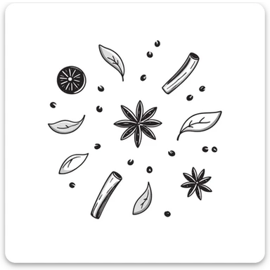 Hand-drawn collection of spices including peppercorns, bay leaves, cinnamon sticks, and star anise sticker