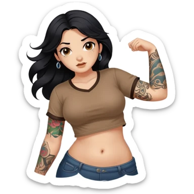 A girl with fair skin and a little fat - long black hair with big waves - tattoos on her arms - wearing a brown navel-revealing short-sleeved shirt - with a navel piercing sticker