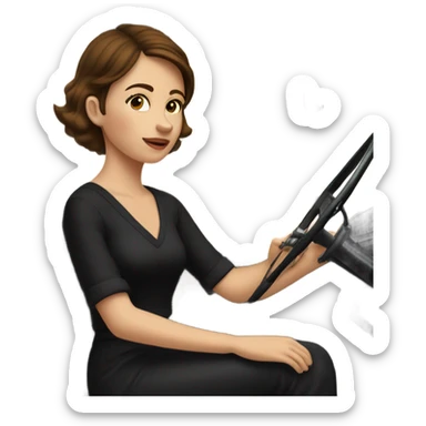 Girl with short brown hair in black V-neck blouse driving jalopy sticker