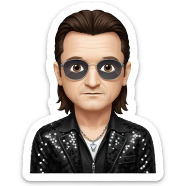 Bono from U2 with long dark brown hair, black sequin outfit  sticker