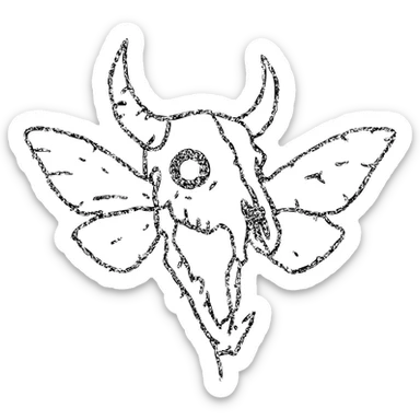 absolute horror: extremely minimal red line art of fused minotaur-stoat skull with broken horn and glowing eye, with moth wings, entirely hollow/transparent middle, severely deteriorated edges, 100% red color only, terrifying sparse lines, mostly missing perimeter, nightmarish and ancient sticker