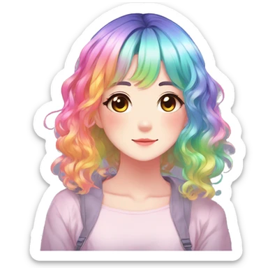 Gorgeous anime style shojo character with blushing face aesthetic and pretty colorful shiny gradient neon rainbow hair with hair garment trending style sticker