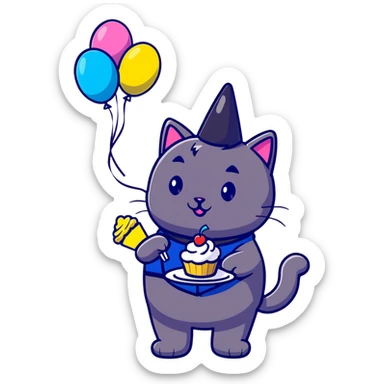 black cat police chief celebrating birthday with friends, balloons and streamers background, cartoon style, suitable for emoji sticker sticker