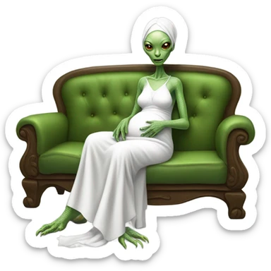reptilian alien woman in white dress, pregnant, sitting on couch sticker