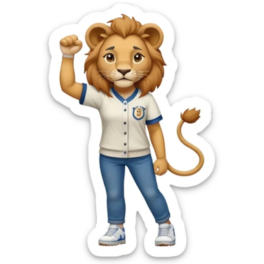 friendly anthropomorphised female lion wearing a baseball shirt, jeans, trainers, standing upright with one fist raised, looking determined and confident sticker