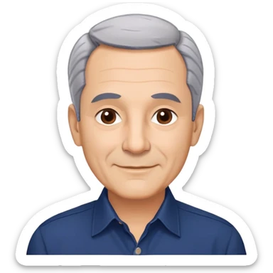 Respected Puerto Rican actor in his 60s, fair skin, round face with broad cheekbones, lively brown eyes, thick eyebrows, straight nose, short gray hair combed to the side with receding hairline, clean-shaven, friendly smile, wearing navy blue button-up shirt sticker